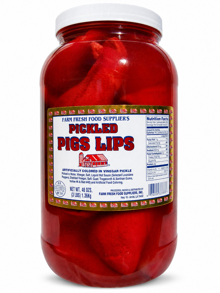 Pickled Pigs Lips 3 lbs (48oz) in gallon container – Ready To Eat