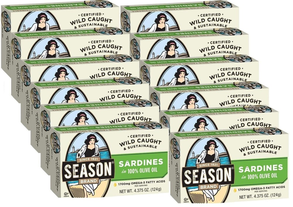 Season Sardines in Pure Olive Oil, 4.375-Oz Cans (2 Packs Of 6) 12 Cans