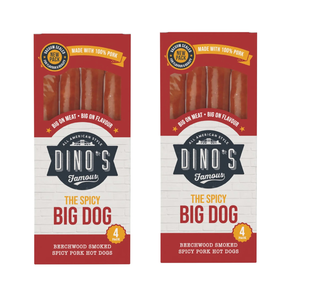 Dino’s Famous The Spicy Big Dog Smoked Pork Hot Dogs 360g PACK OF 2