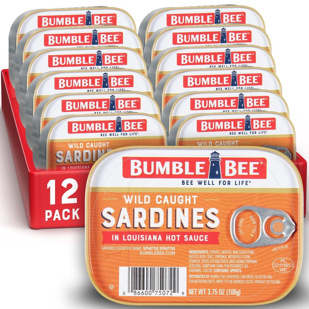 Sardines in Louisiana Hot Sauce, 3.75 Oz Tin (Pack of 12) – Wild Caught, Gluten