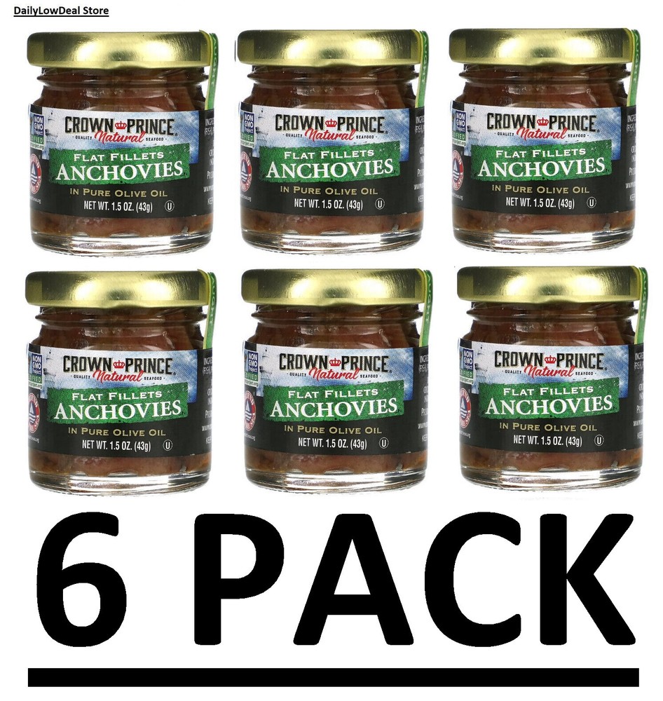 6 PACK – Crown Prince Natural Flat Fillets of Anchovies in Pure Olive Oil 1.5 oz