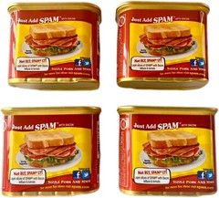4 CANS SPAM BACON,12oz EACH,FULLY COOKED,READY TO EAT