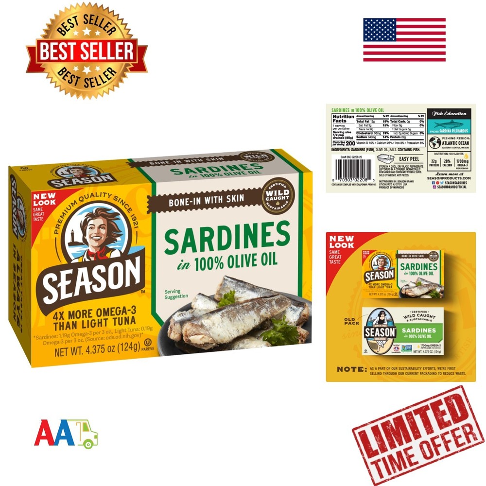Sardines in Olive Oil 4.37oz x 24 Cans Wild Caught Omega-3 Protein