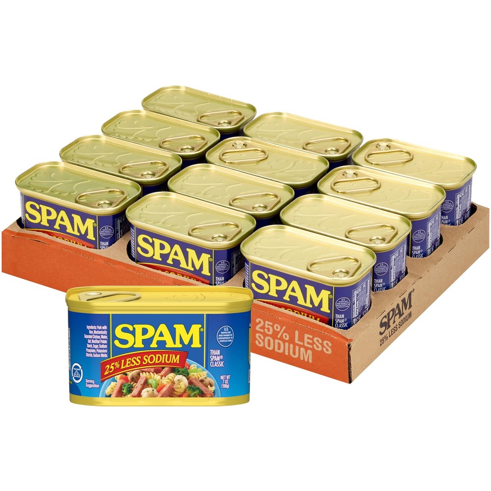 SPAM 25% Less Sodium, 7 oz Cans (Pack of 12) – Fully Cooked, Shelf-Stable,