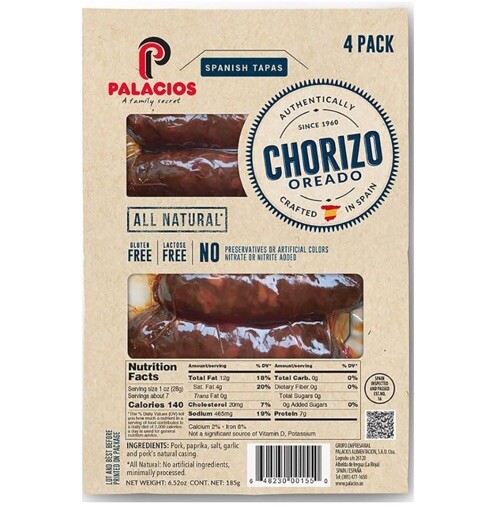 Chorizo Ideado Palacios. Importando De España 6.5 Oz