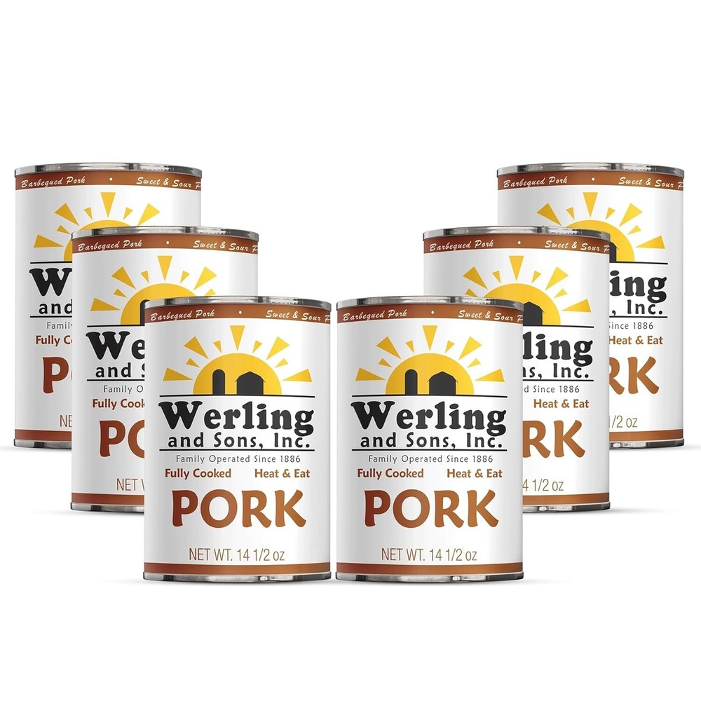 6 Cans- Werling & Sons Canned Pork 14.5 Oz Fully Cooked Ready to Eat Canned Meat