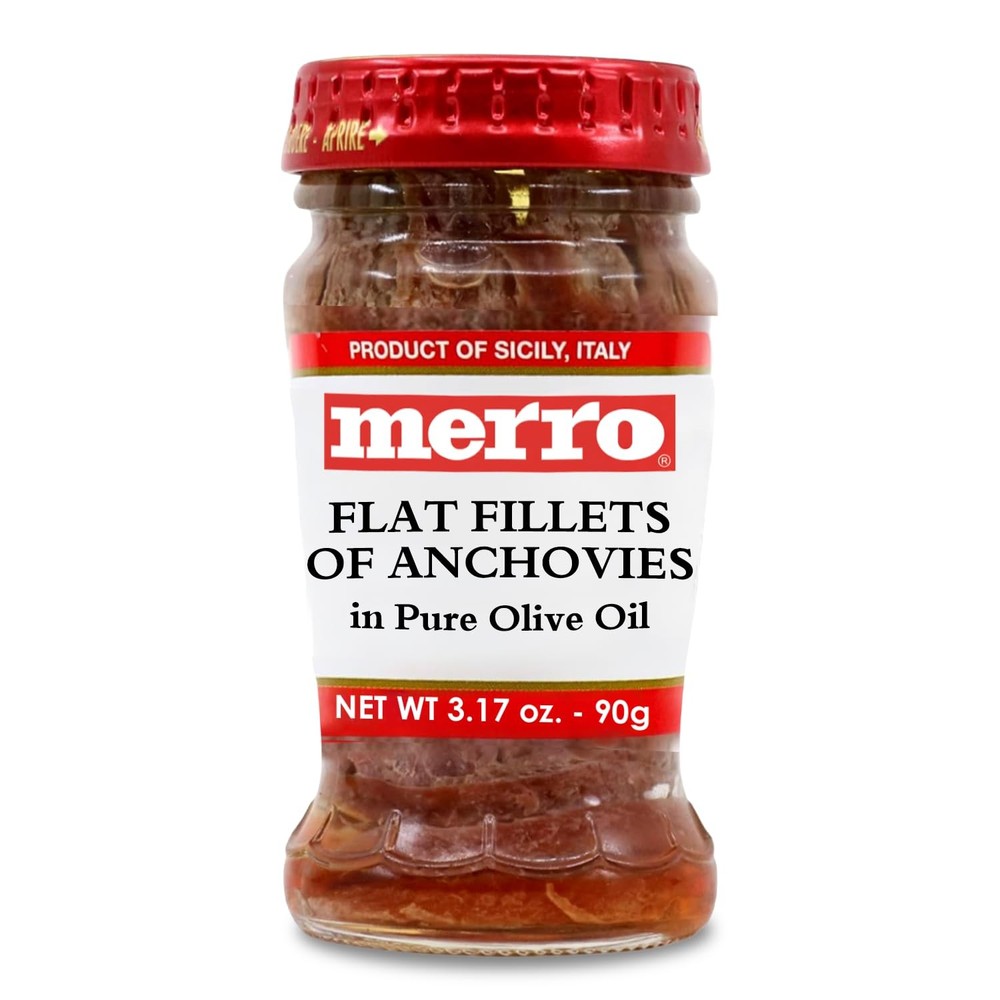 Merro Anchovy Fillets in Olive Oil 3.1 oz Glass Jar Hand Packed in Sicily
