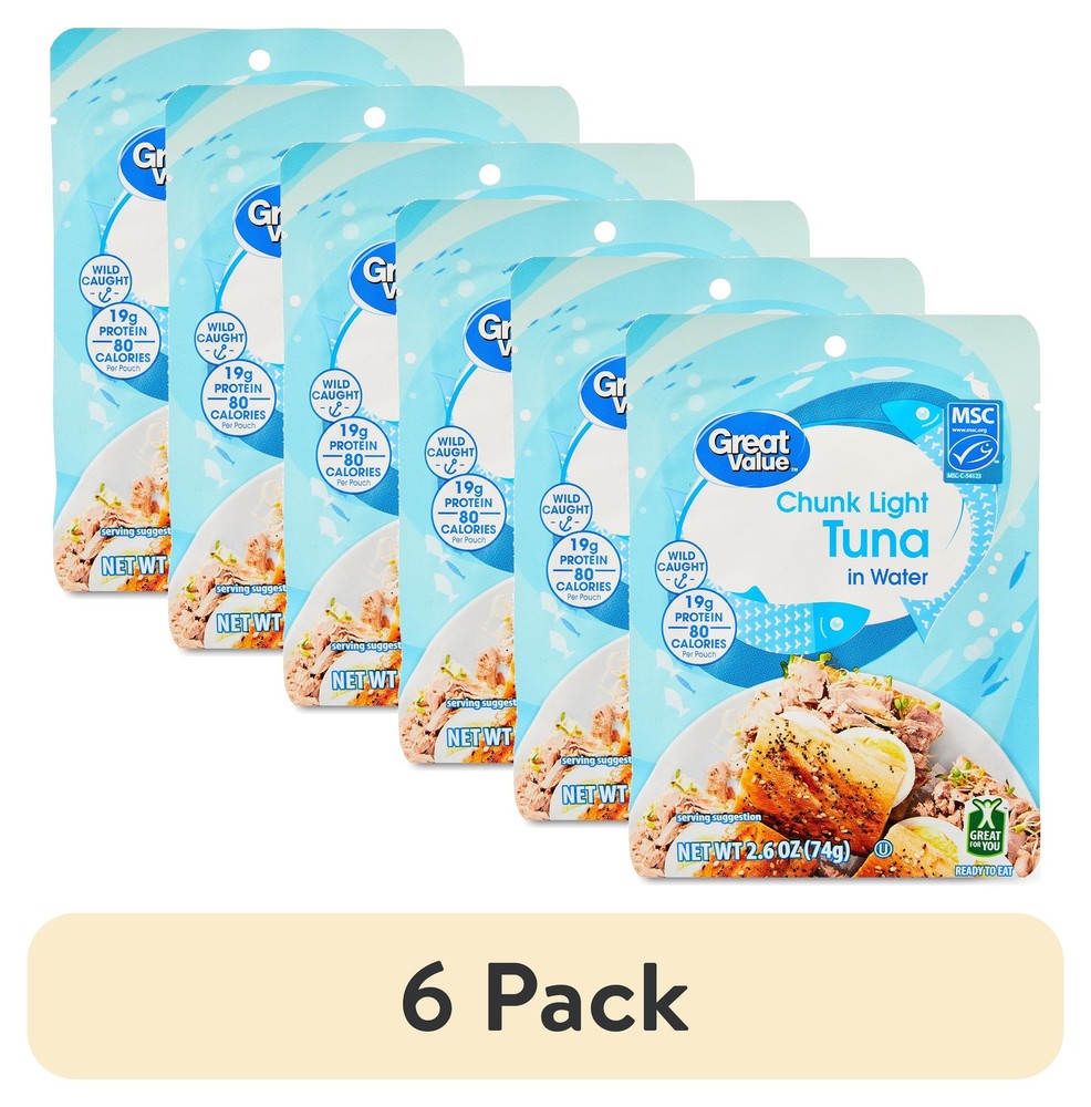 Chunk Light Tuna Pouch in Water 6 Pack 2.6 oz Canned Fish for Recipes