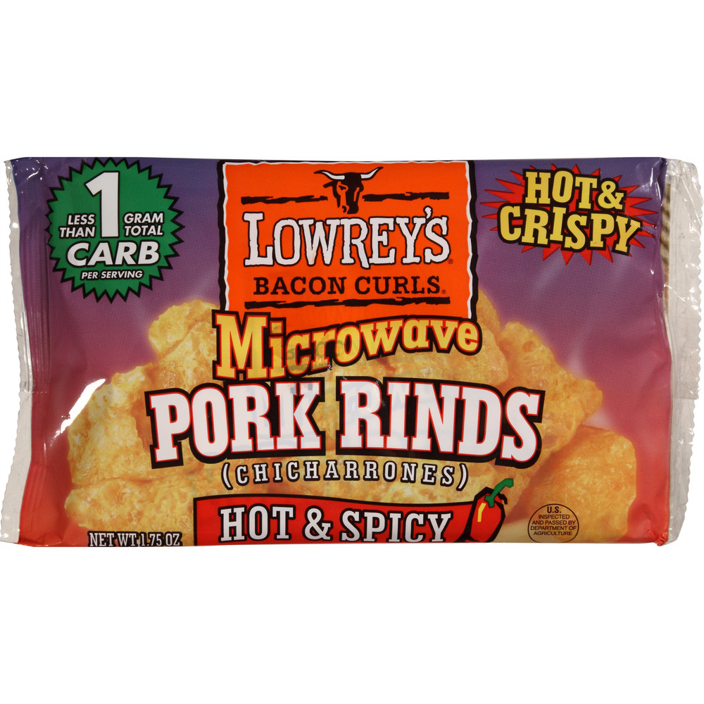 Lowreys Bacon Curls Microwave Pork Rinds, Hot & Spicy, 1.75oz, 18 Pack