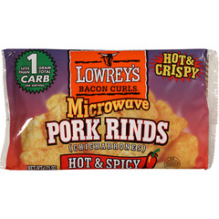 Lowreys Bacon Curls Microwave Pork Rinds, Hot & Spicy, 1.75oz, 18 Pack