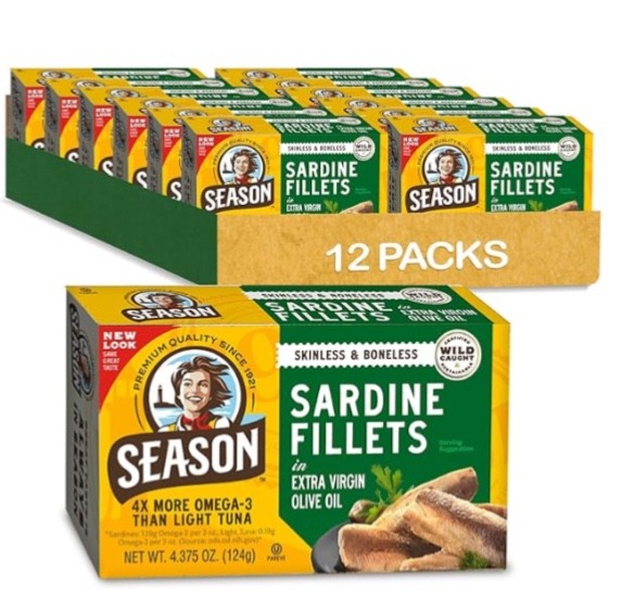 12x Season Wild Caught Sardines Boneless Skinless in 100% Pure Olive Oil 4.38oz