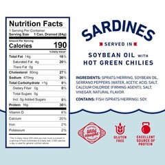 Beach Cliff Wild Caught Sardines in Soybean Oil with Hot Green Chilies, 3.75 …