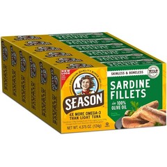 Season Sardines Skinless Boneless in 100% Olive Oil, Pack of 6, Wild-Caught,