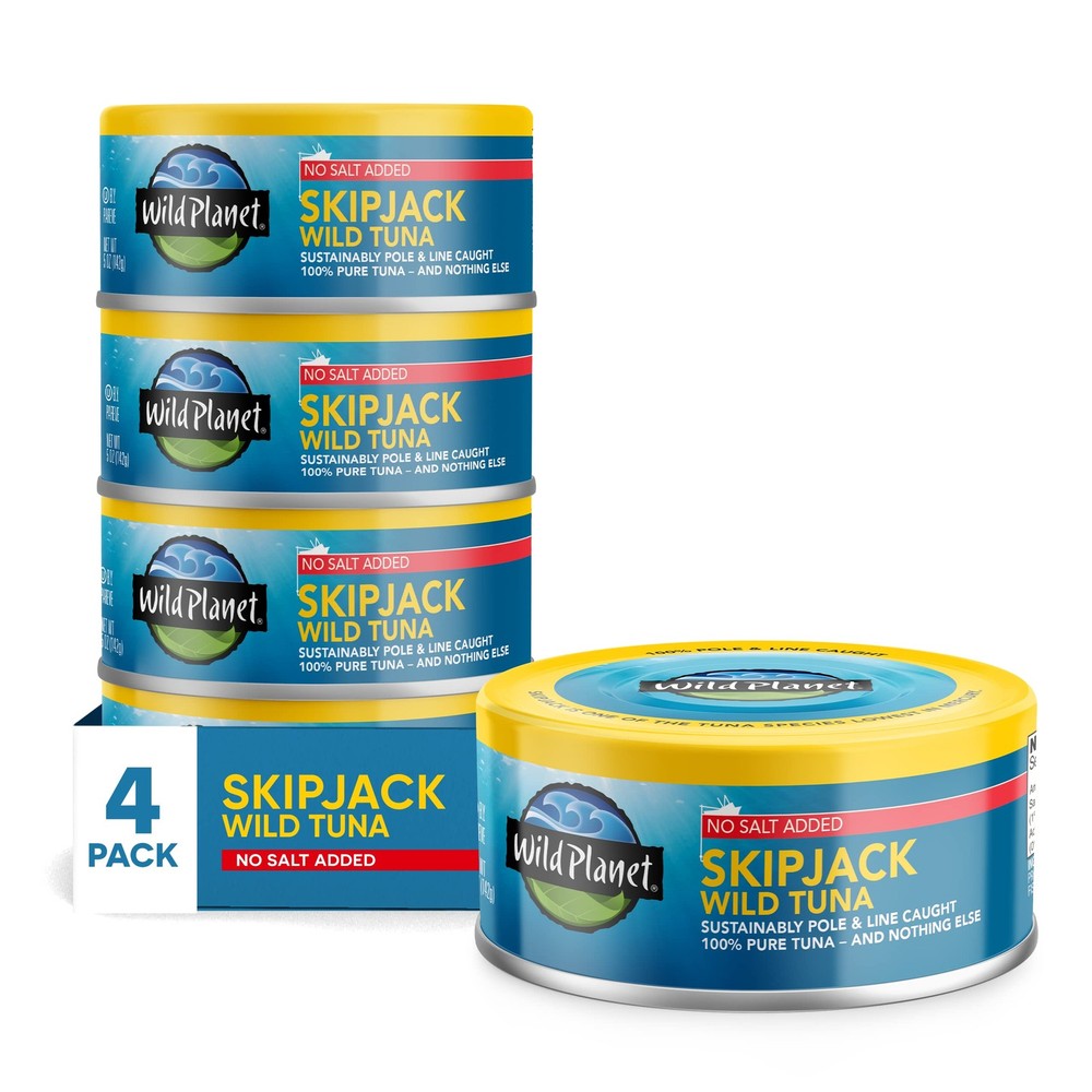 Wild Planet Skipjack Wild Tuna, No Salt Added, Canned, WildCaught, 5 oz, 4pk