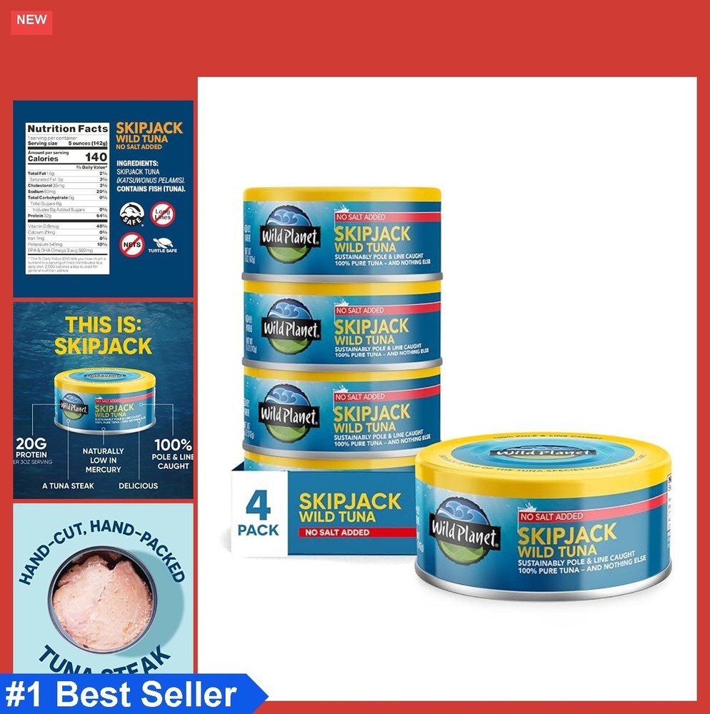 Skipjack Wild Tuna No Salt Added 5 Oz Cans Pack of 4 Pole and Line Caught