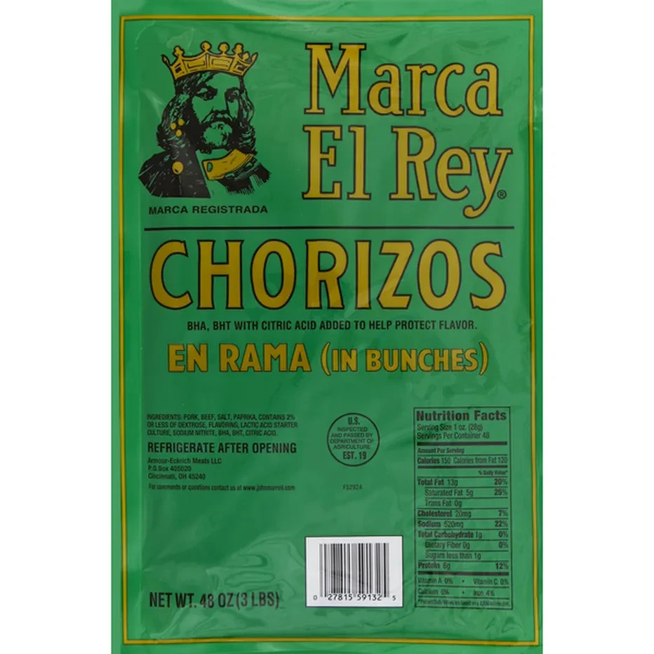 Marca El Rey Pork Chorizo Sausage (3lb Pack En rama [IN BUNCHES]) – 3 Bags