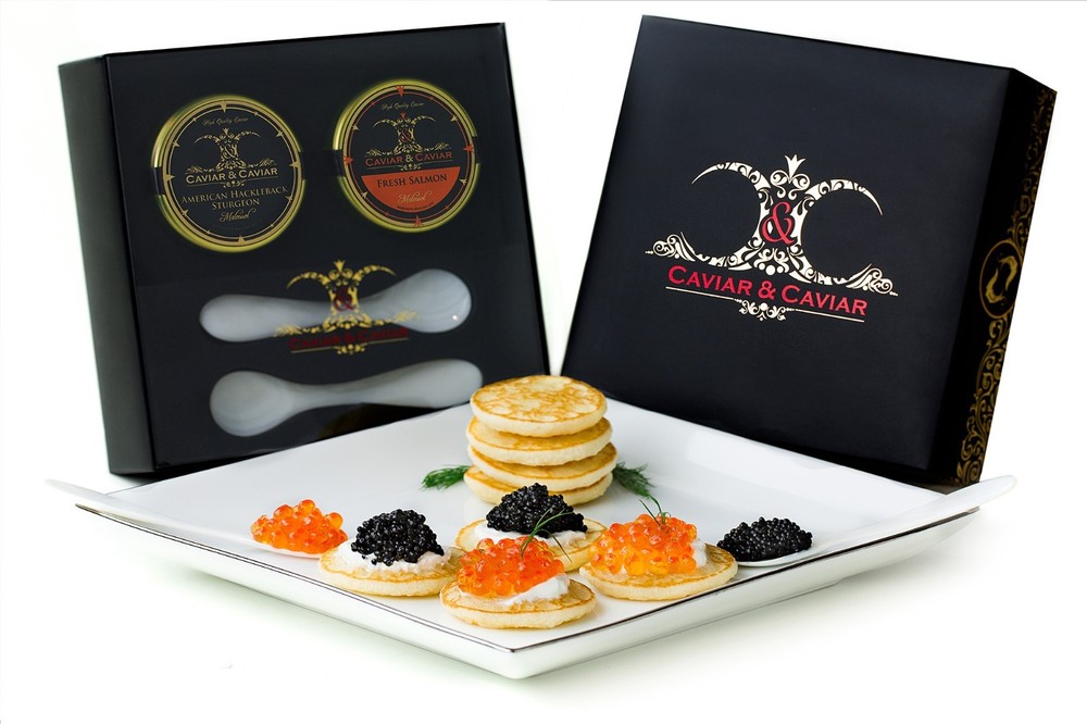 Caviar GIFT BOX 1oz American STURGEON Caviar & 1oz Salmon Roe Blini + 2 Spoons