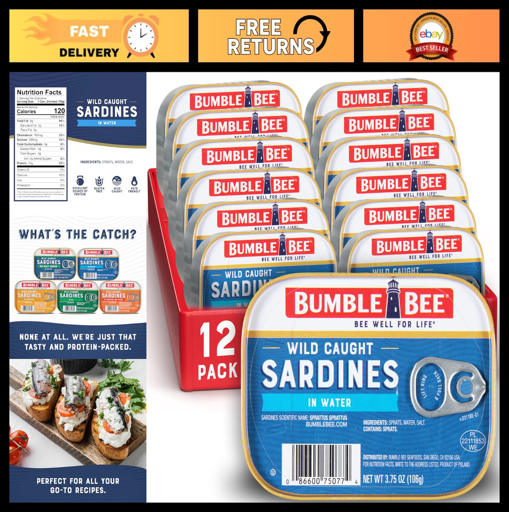 Wild Caught Sardines in Water, 3.75 oz Tin (12 Pack) – Gluten Free, Keto, Kosher