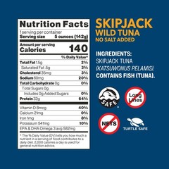 Wild Planet Skipjack Wild Tuna, No Salt Added, Canned, WildCaught, 5 oz, 4pk