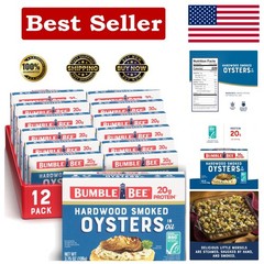 Canned Hardwood Smoked Oysters, 3.75 Oz Cans (Pack of 12) – Ready to Eat – 18G P