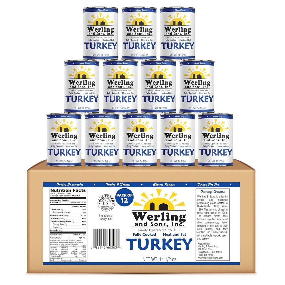 12 Cans- Werling & Sons Fully Cooked Canned Turkey Meat 14.5 Oz Heat & Eat Food