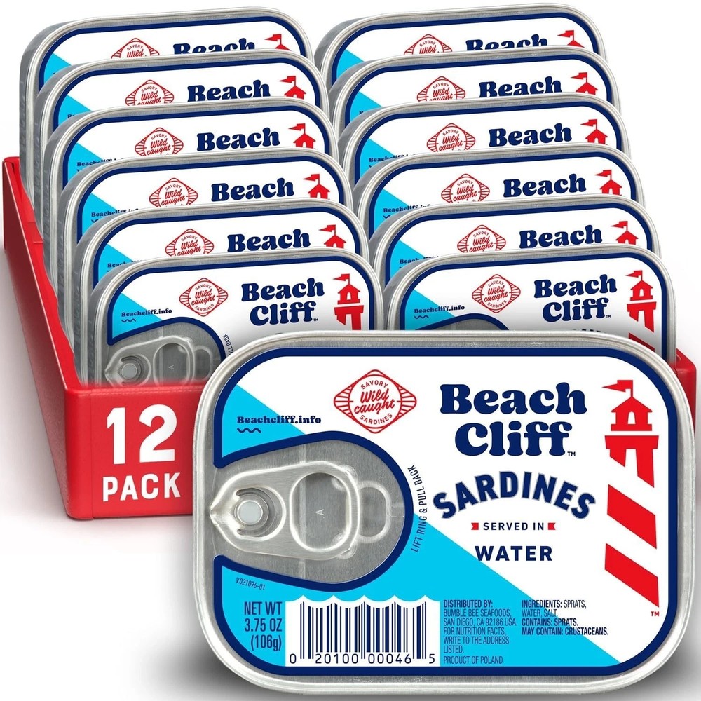 Beach Cliff Sardines in Water, 3.75 oz Can (Pack of 12) – Wild Caught Sardines –
