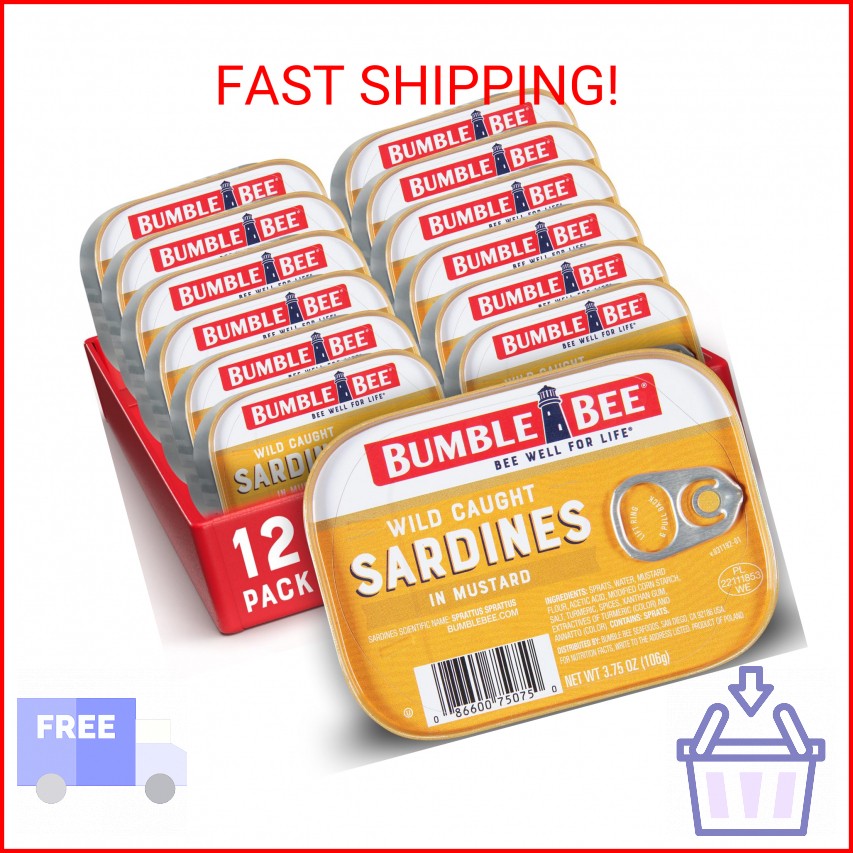 Bumble Bee Sardines in Mustard Sauce, 3.75 oz Tin (Pack of 12) – Wild Caught, Gl