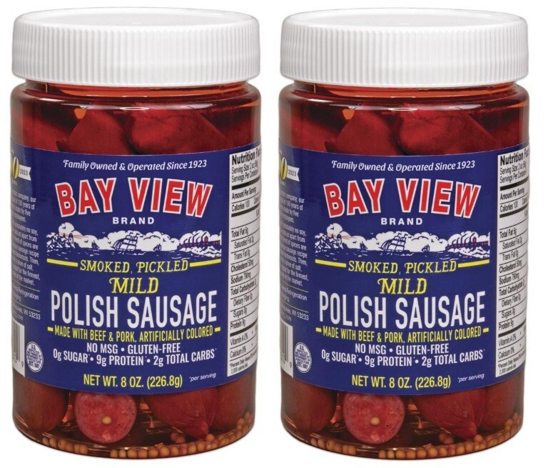 Bay View Smoked Pickled Mild Polish Sausage Beef Pork Gluten Free, 8 oz (2 Jars)