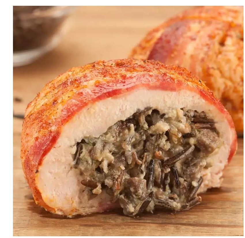 (4) 10 Ounce Bacon Wrapped Rice And Mushroom Stuffed Chicken Breast