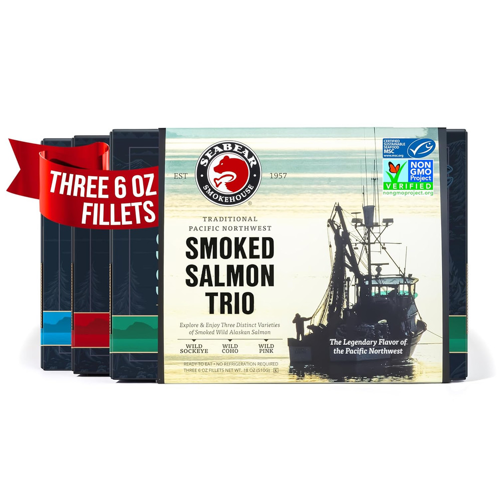 – Premium Wild Alaskan Smoked Sockeye, Coho, and Pink Salmon Trio – 18Oz Box