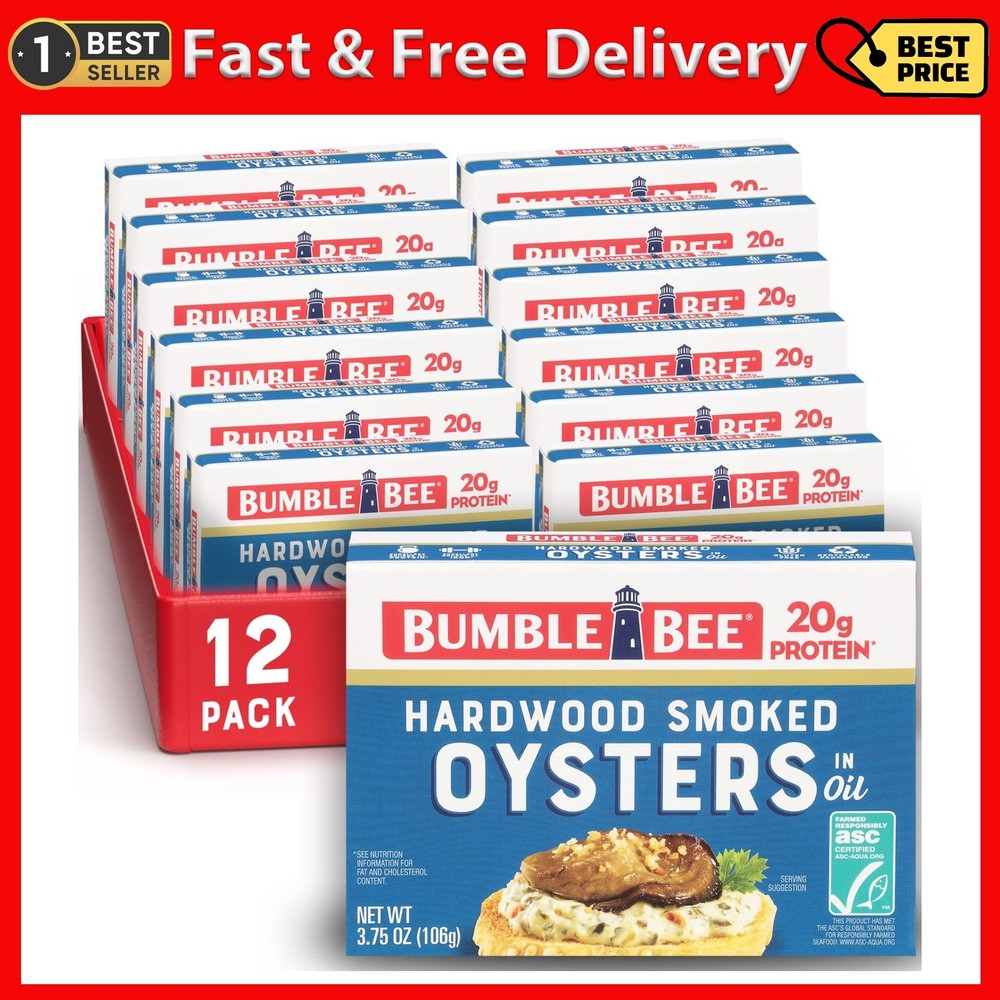 Canned Hardwood Smoked Oysters, 3.75 Oz Cans (Pack of 12) – Ready to Eat – 18G P