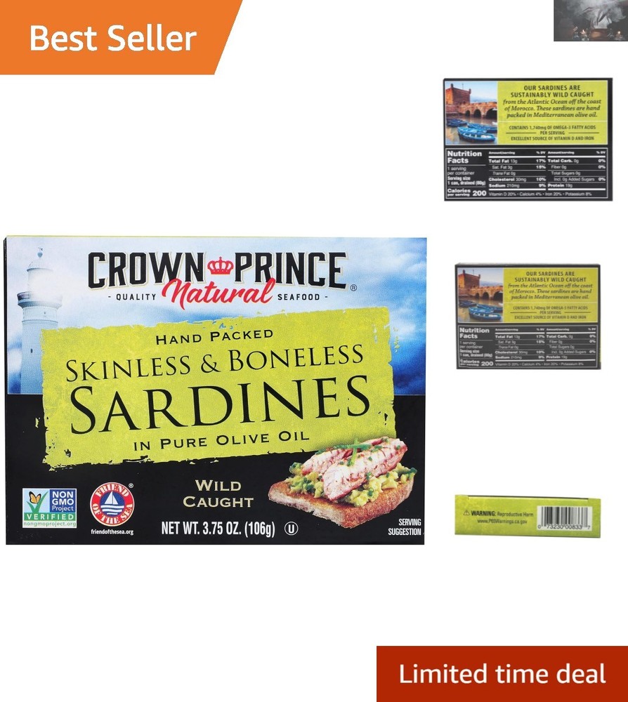 Ready-to-Eat Crown Prince Skinless Sardines in Olive Oil – 3.75 oz Gourmet Snack