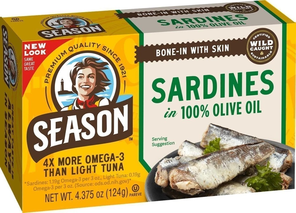 Season Sardines Bone in with Skin Pure Olive Oil, 4.375-Oz Cans 6 Cans