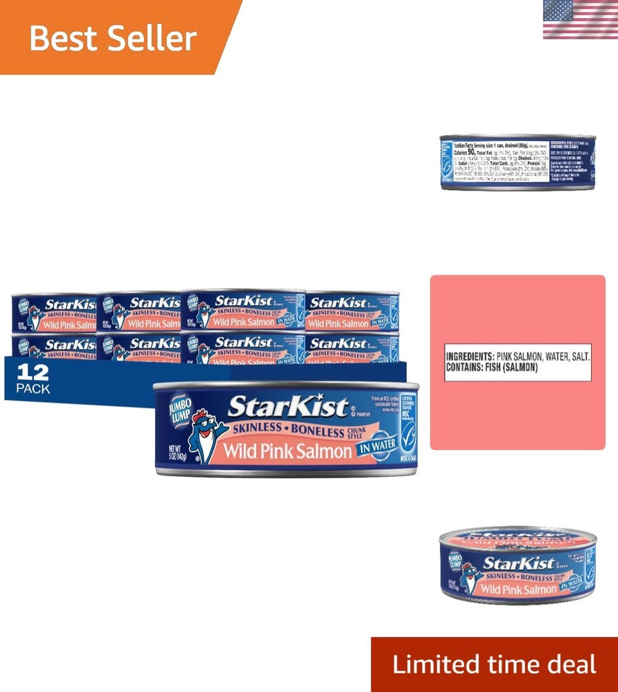 Wild Pink Salmon, Skinless, Boneless, 5oz Can, 12-Pack | 19g Protein Per Serv…