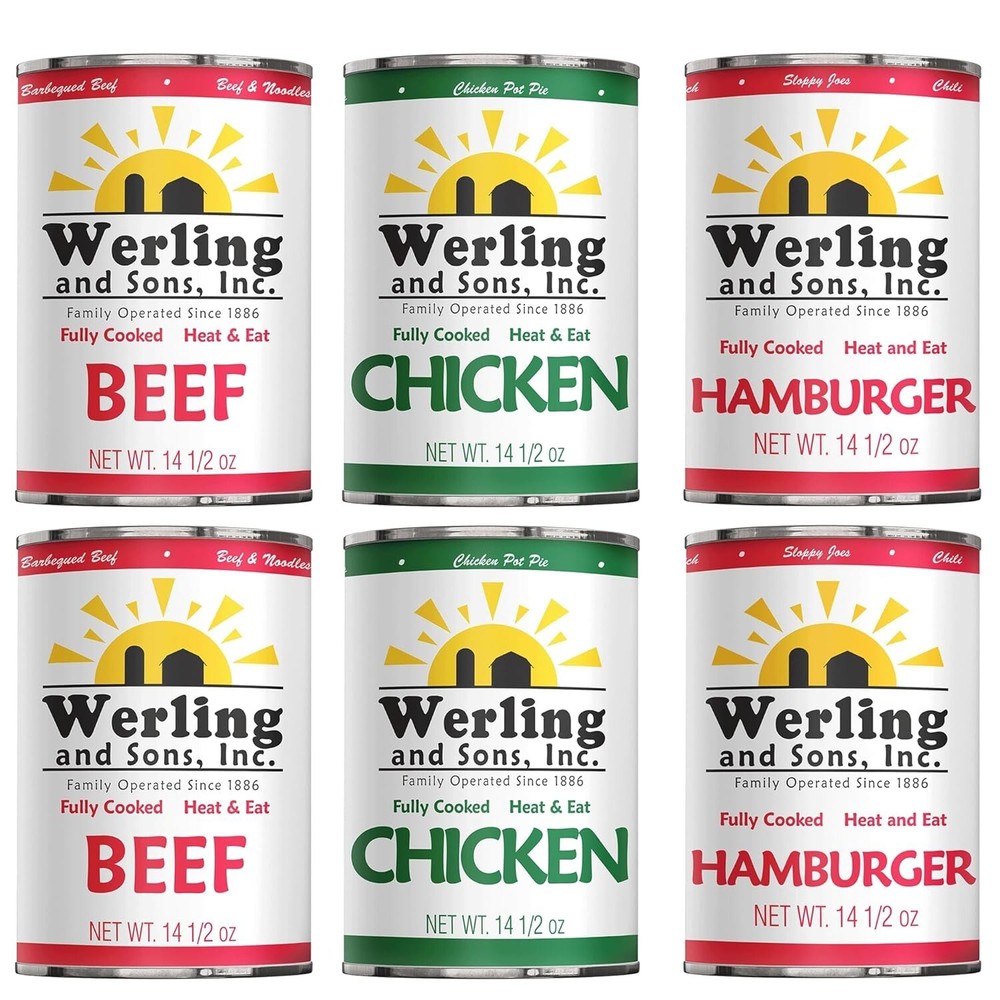 6 Cans- Werling Canned Meat Variety Pack 14.5 Oz Cooked Beef, Chicken, Hamburger