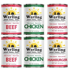 6 Cans- Werling Canned Meat Variety Pack 14.5 Oz Cooked Beef, Chicken, Hamburger