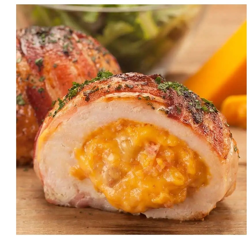 (16) 10 Ounce Bacon Wrapped Ham And Cheddar Stuffed Chicken Breast