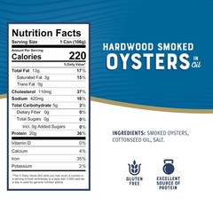 Bumble Bee Canned Hardwood Smoked Oysters, 3.75 oz Can Ready to Eat 20g Pro…