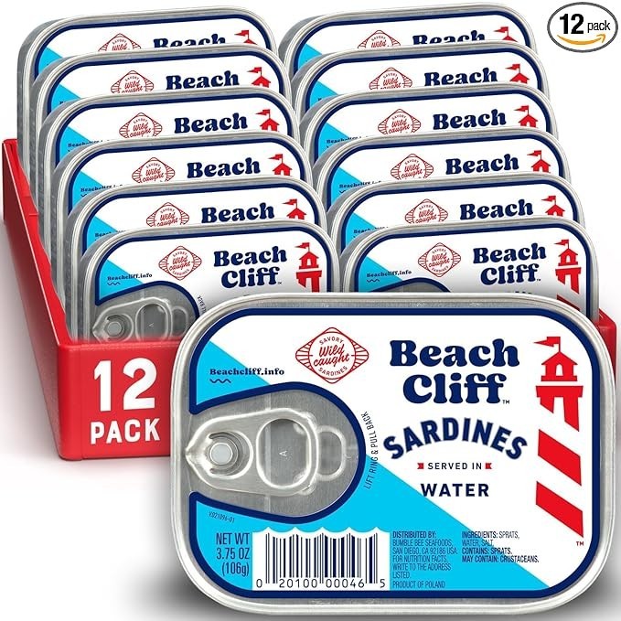 Beach Cliff Sardines in Water, Wild Caught, 3.75 oz Can, Pack of 12