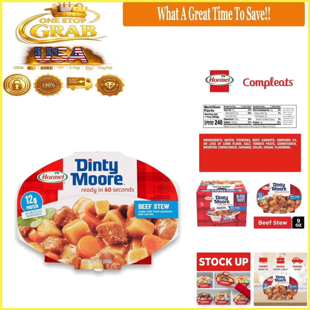 Hormel Beef Stew 9oz Pack of 6 Fully Cooked Ready to Eat Canned Meals