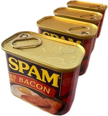 4 CANS SPAM BACON,12oz EACH,FULLY COOKED,READY TO EAT